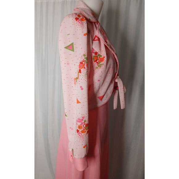 Vintage Maxi Dress and Matching Shrug Jacket Set 1960s Mod Geometric Floral Pink - Picture 5 of 15